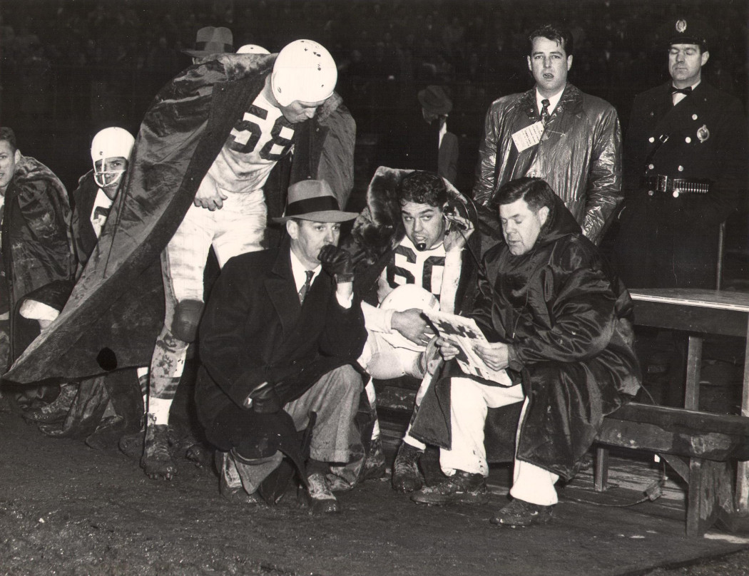 LtoR   Mac Speedie, Paul Brown, Otto Graham, Weeb Ewbank (12